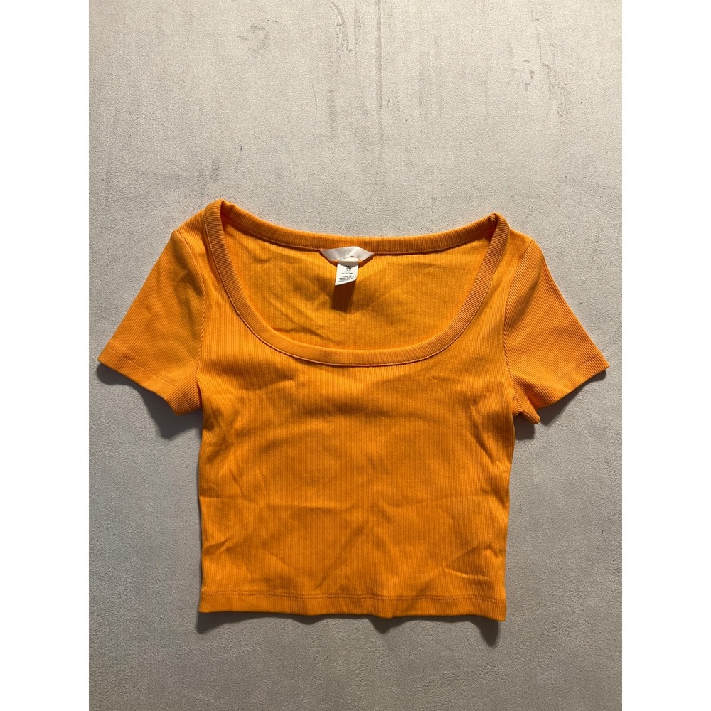 HM Orange Ribbed Scoop Neck Crop Top Short Sleeve Small
